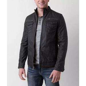 Buckle BKE Bomber Moto Jacket Men's Large Antique Washed Black Coat Fur Lined